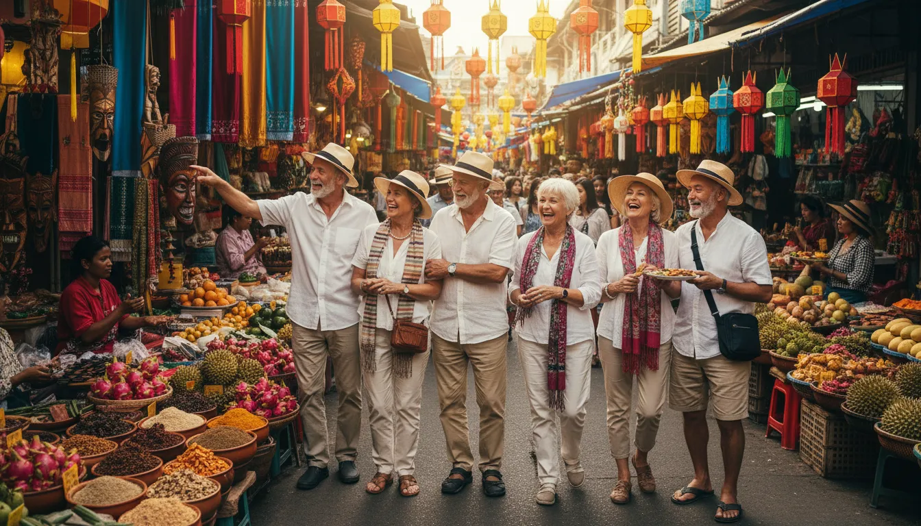 Retired friends discovering new places and cultures, experiencing a truly sociable retirement phase together.