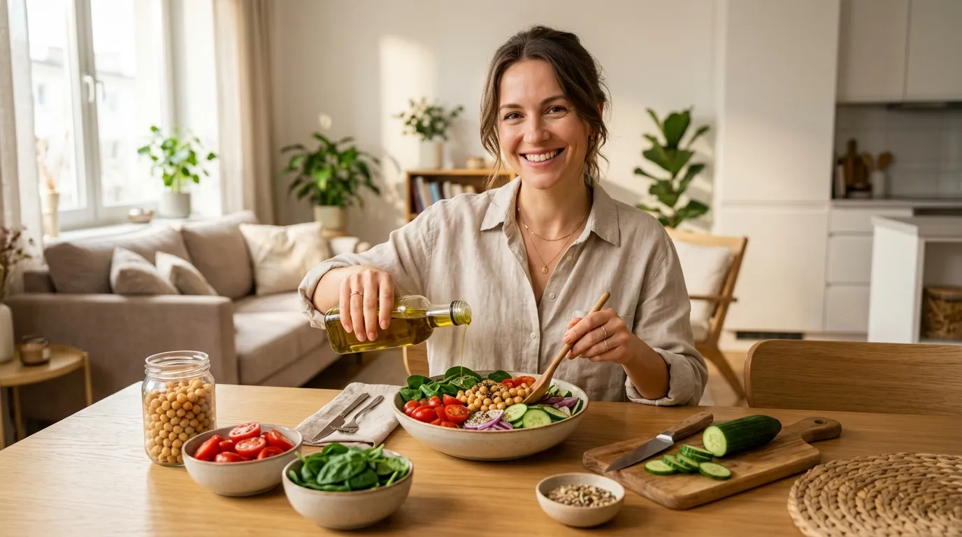 Mulher sorridente preparando refeição saudável que promove boa nutrição e saúde mental no dia a dia.