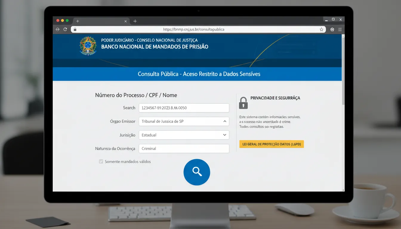 Pessoa usando computador com site do BNMP aberto, tela mostrando interface de busca oficial.