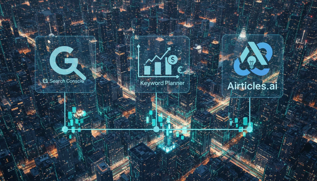 Vista aérea da cidade com ícones de ferramenta seo google e destaque para Airticles.ai como solução completa para SEO.