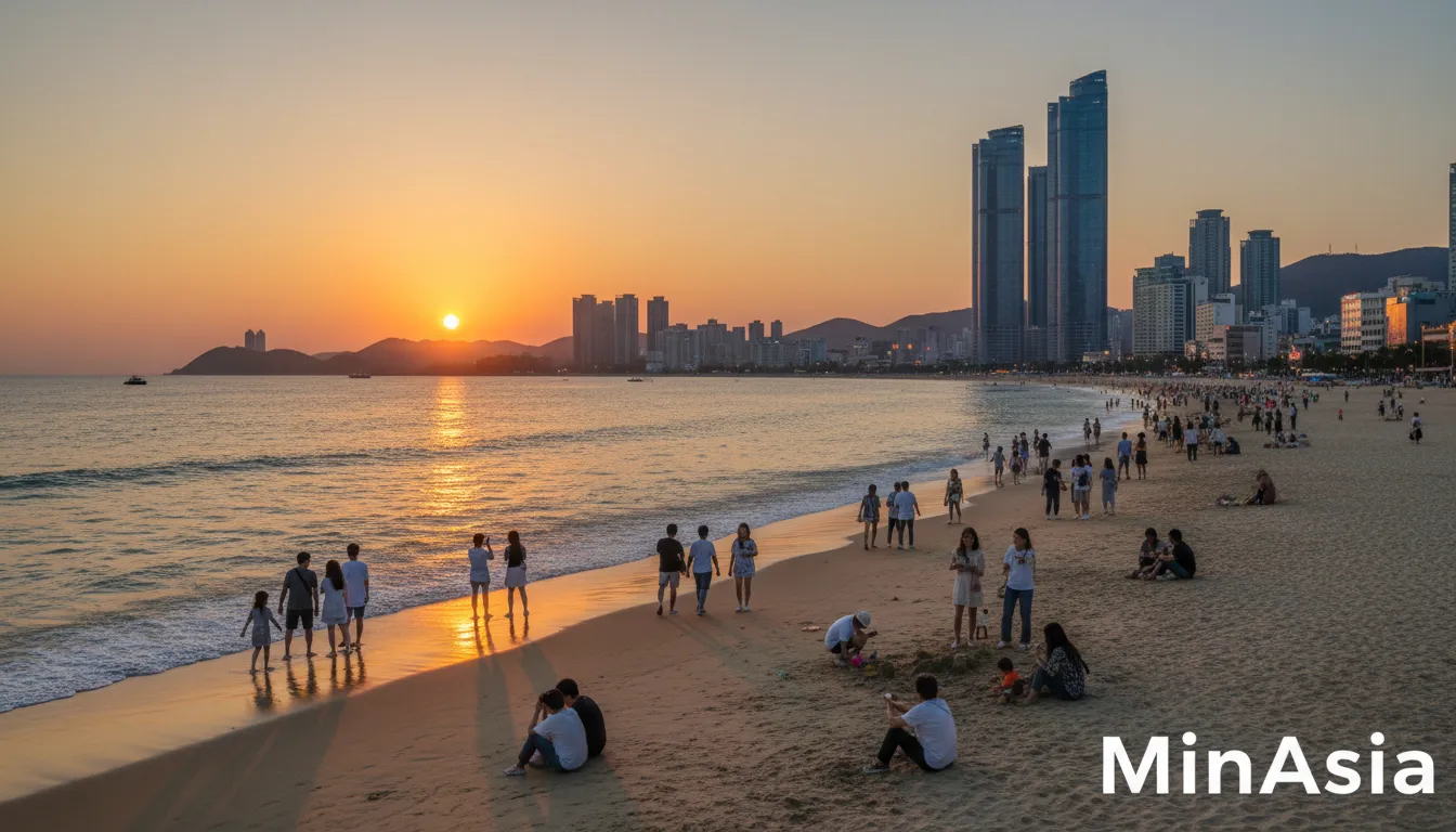 Praia de Haeundae em busan coreia do sul, durante o pôr do sol, com o horizonte da cidade ao fundo e turistas desfrutando da costa arenosa.
