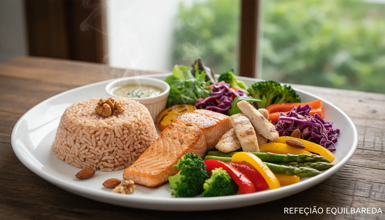 Prato colorido e equilibrado composto de proteínas, legumes, grãos e castanhas, em iluminação natural.