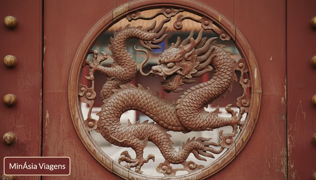 Close-up de um dragão chinês esculpido em um portão da cidade proibida, com o texto MinÁsia Viagens no canto inferior esquerdo, destacando detalhes.