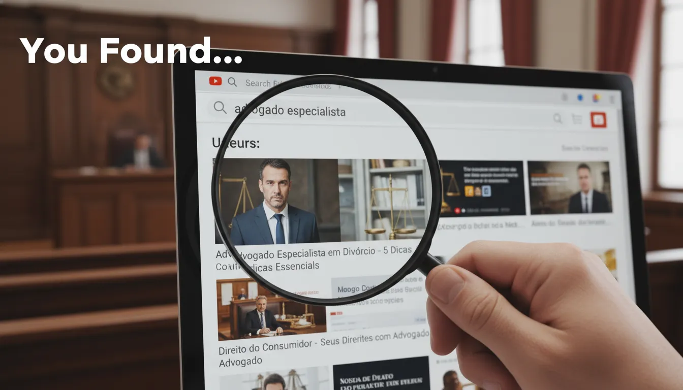 Mão examinando resultados de busca no YouTube para 'advogado especialista', destacando a importância do SEO no marketing juridico. You Found em destaque.