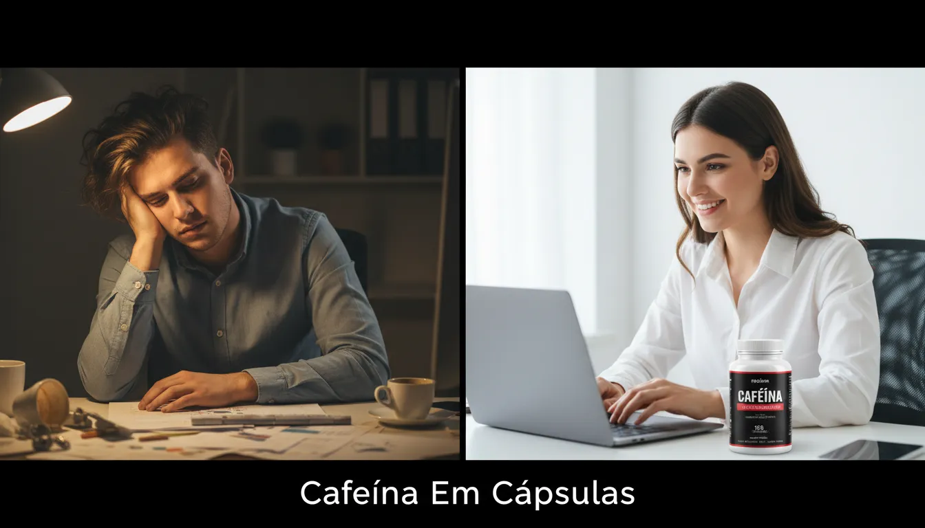 Comparativo de uma pessoa cansada e energizada, com cápsulas de cafeína visíveis, representando visualmente o tema 'cafeína em cápsulas emagrece'.
