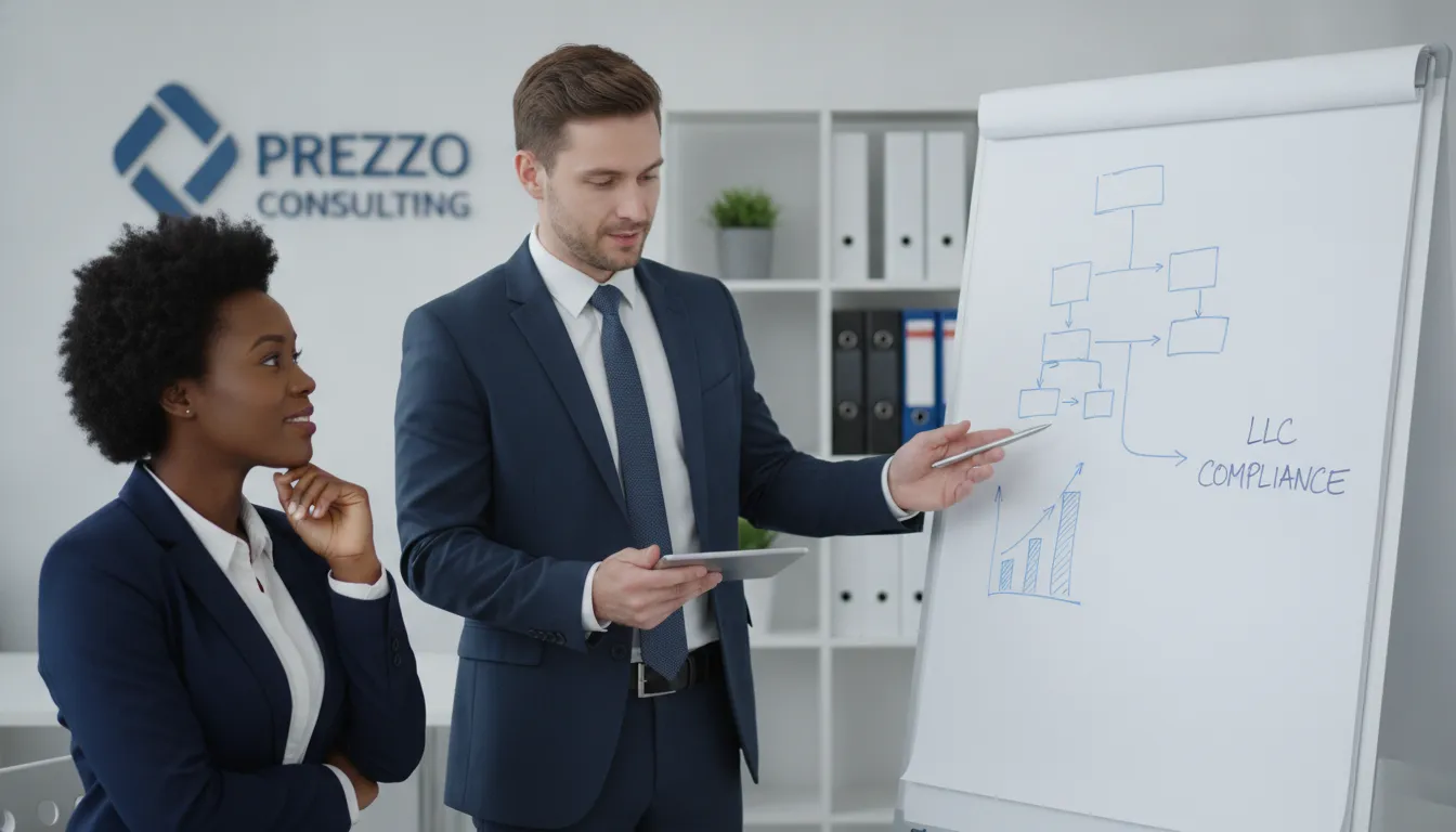 Empresária recebe consultoria sobre requisitos para abrir una LLC e estratégias fiscais da Prezzo Consulting.