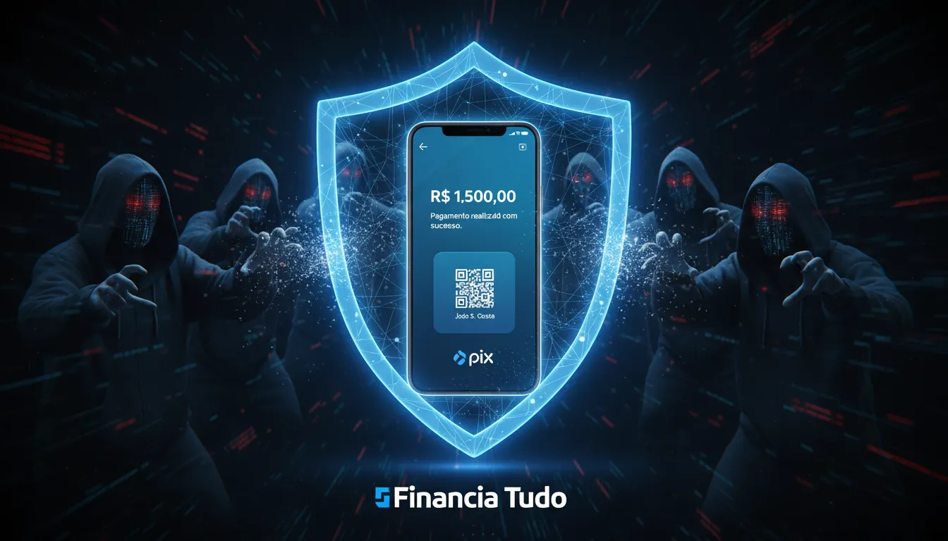 Imagem conceitual de um escudo protegendo uma transação Pix em um smartphone, simbolizando a importância da segurança do pix para empresas contra fraudes.