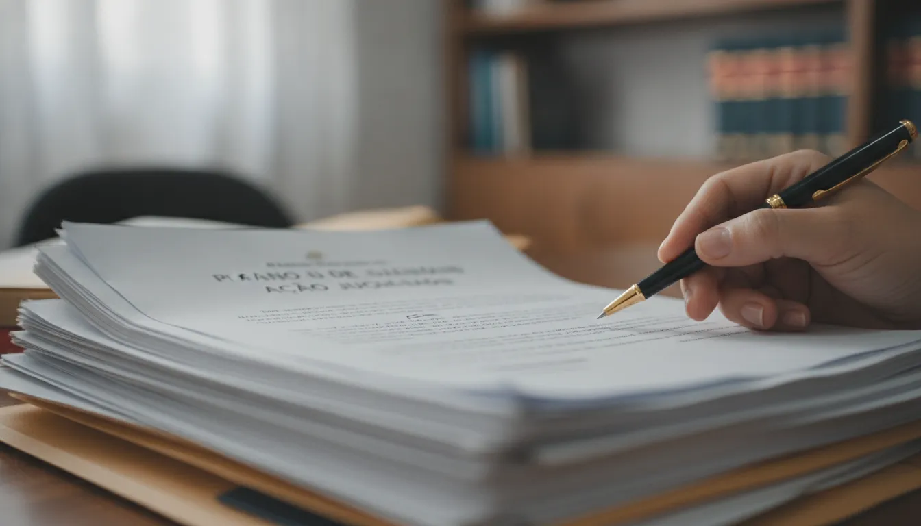 Advogado em Tupã analisando documentos de ação judicial contra plano de saúde, foco em detalhes.