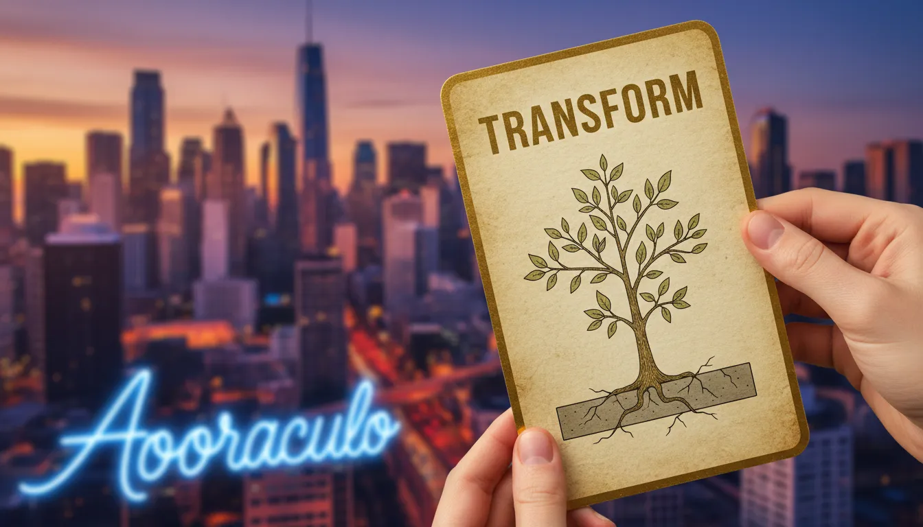 Pessoa segurando carta de tarot com paisagem urbana ao fundo, simbolizando a transformação pessoal através do tarot, um guia para revolucionar a vida, cortesia de Aooraculo Blog.
