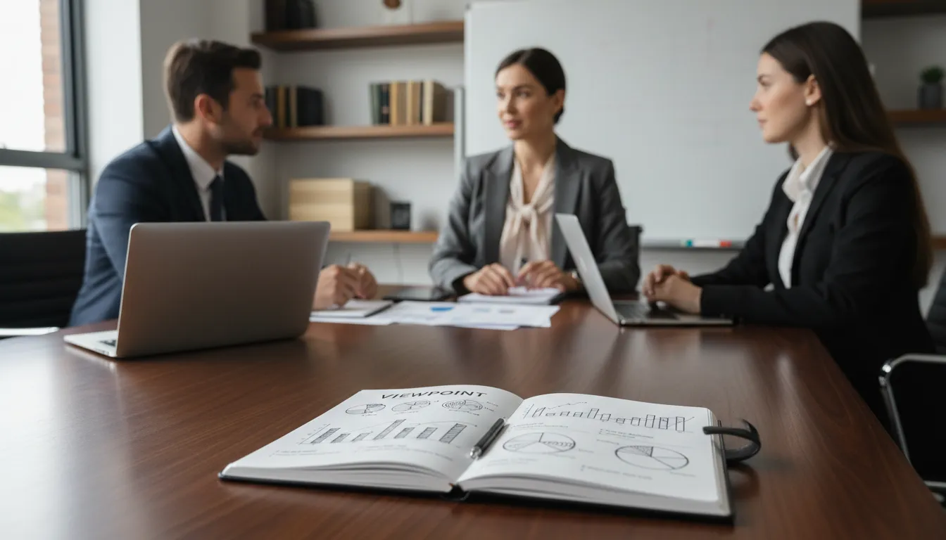 Empreendedor de bem-estar discutindo estratégia de crescimento e decisões orientadas por dados em reunião, evidenciando ferramentas marketing digital da Viewpoint.