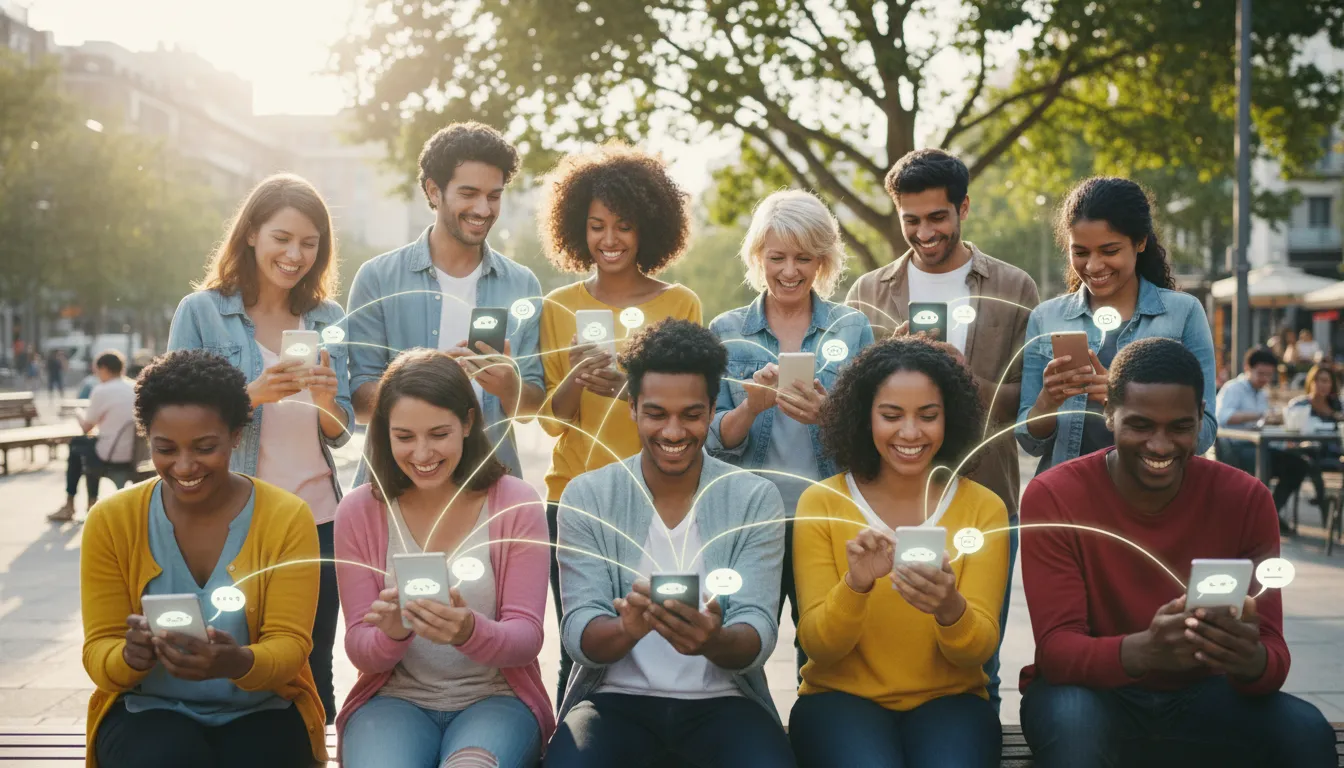 Pessoas de diferentes idades e backgrounds interagindo felizes com chatbots em seus dispositivos, aumentando o AI Chatbot Traffic.