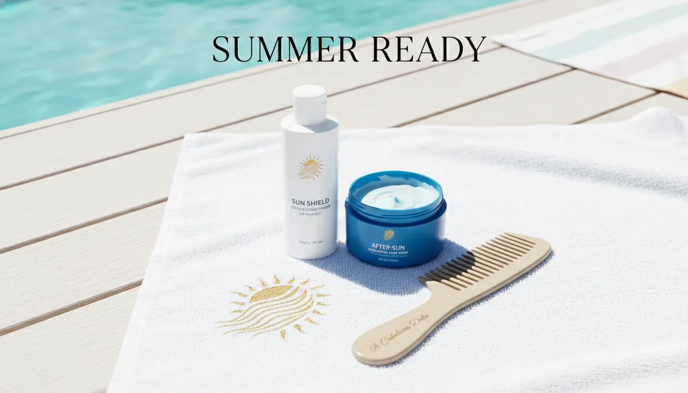 Produtos capilares como leave-in e máscara para proteger o cabelo do sol e hidratar após a exposição.