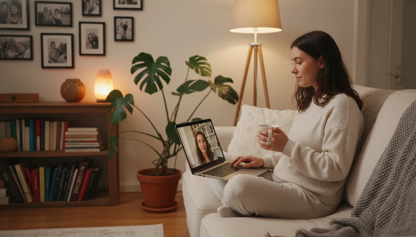 Pessoa relaxada em casa durante sessão de psicanálise online, mostrando o conforto e a privacidade do atendimento.