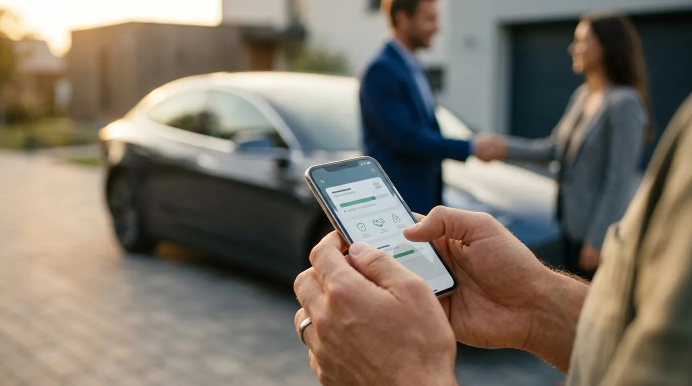 Celular mostrando transação segura ao vender carro financiado em uma negociação de sucesso.