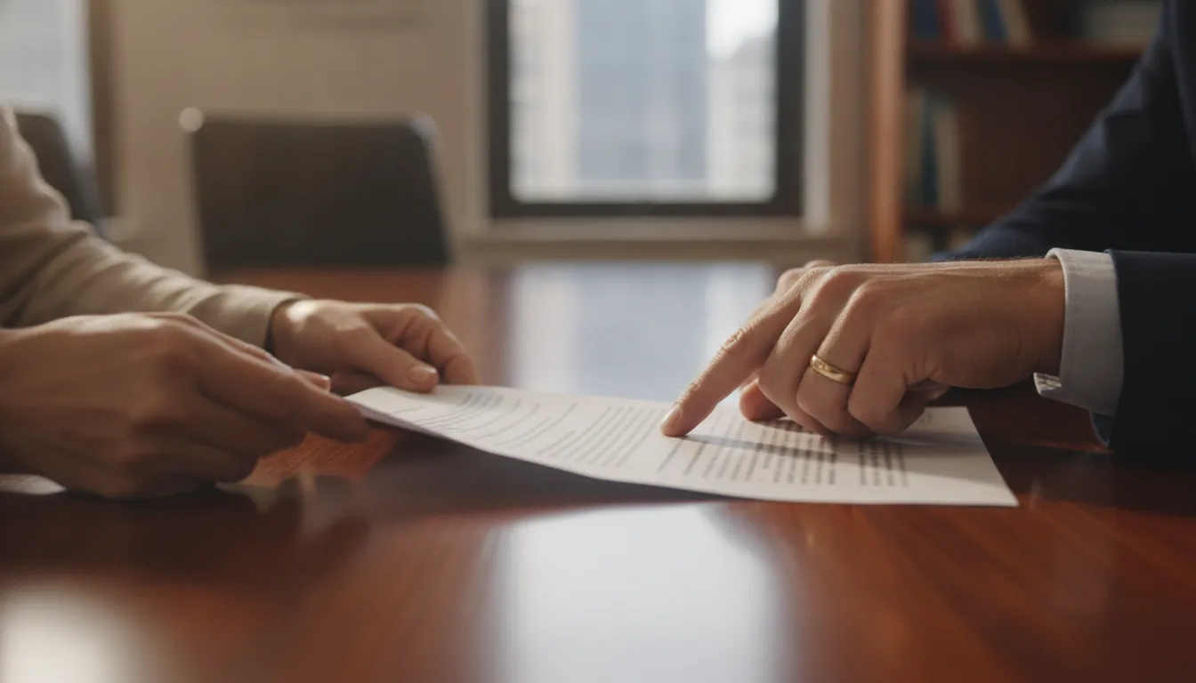 Advogado em Cocal do Sul explica cláusula contratual a cliente. Orientação jurídica detalhada e personalizada.