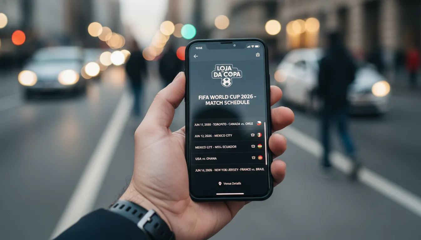 Smartphone exibindo o aplicativo oficial com o calendário e horários dos jogos da Copa 2026.