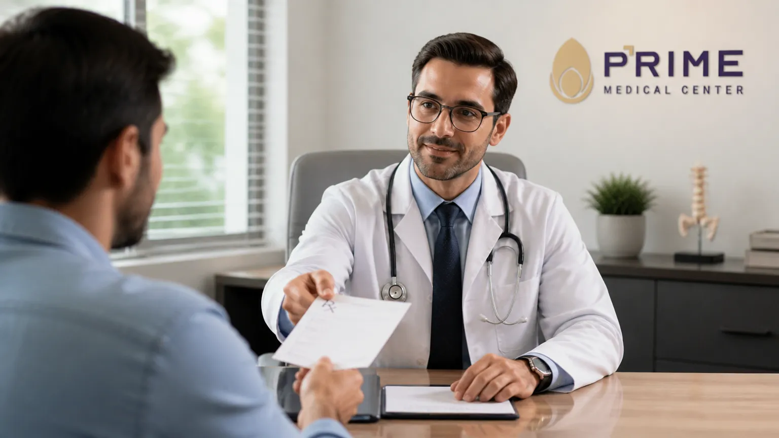Médico entregando receita médica controlada para tratamento indicado com dapoxetina.