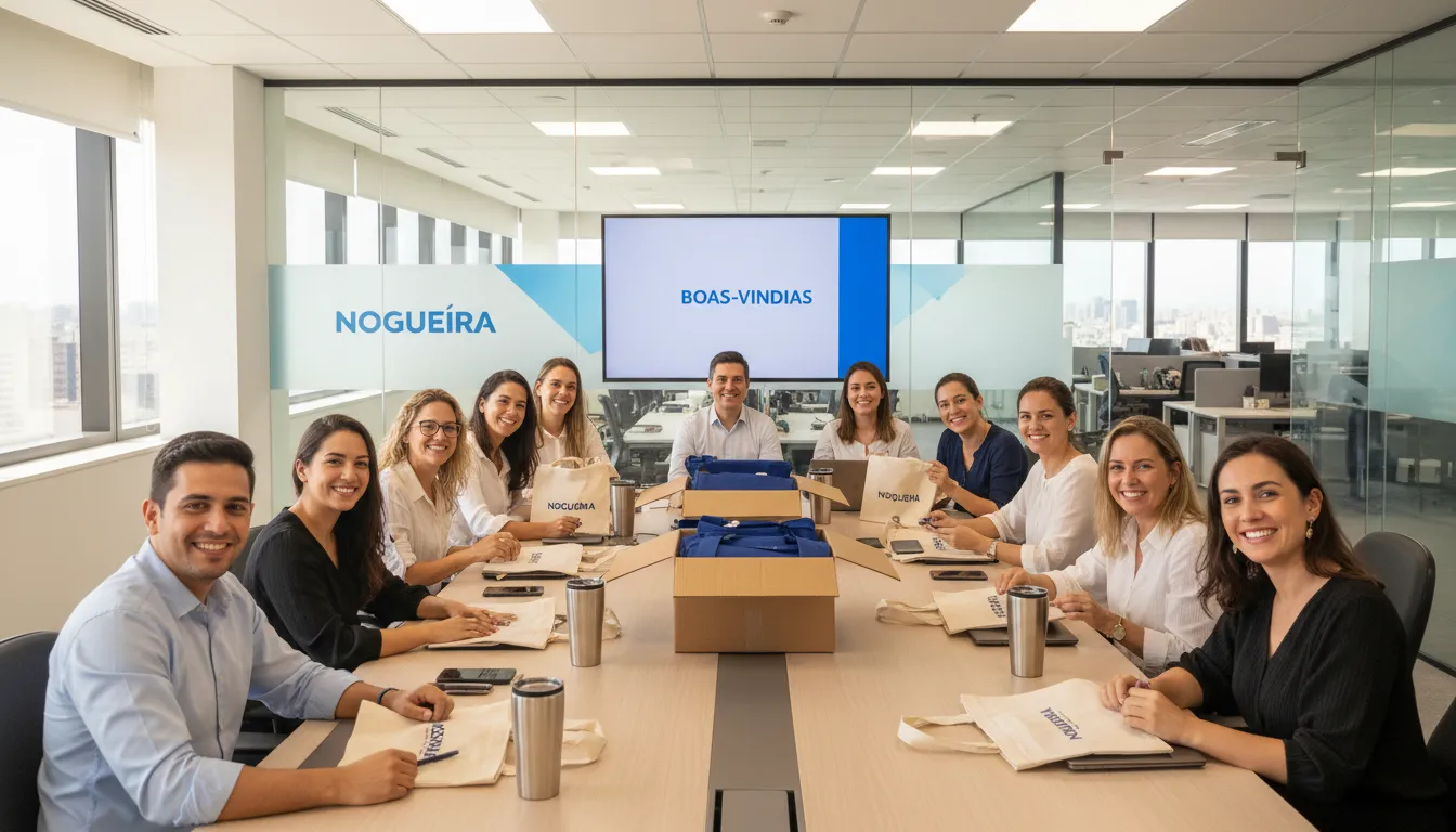 Novos funcionários recebem seus kits boas vindas personalizados da Nogueira Brindes durante uma sessão de integração, criando um ambiente positivo.