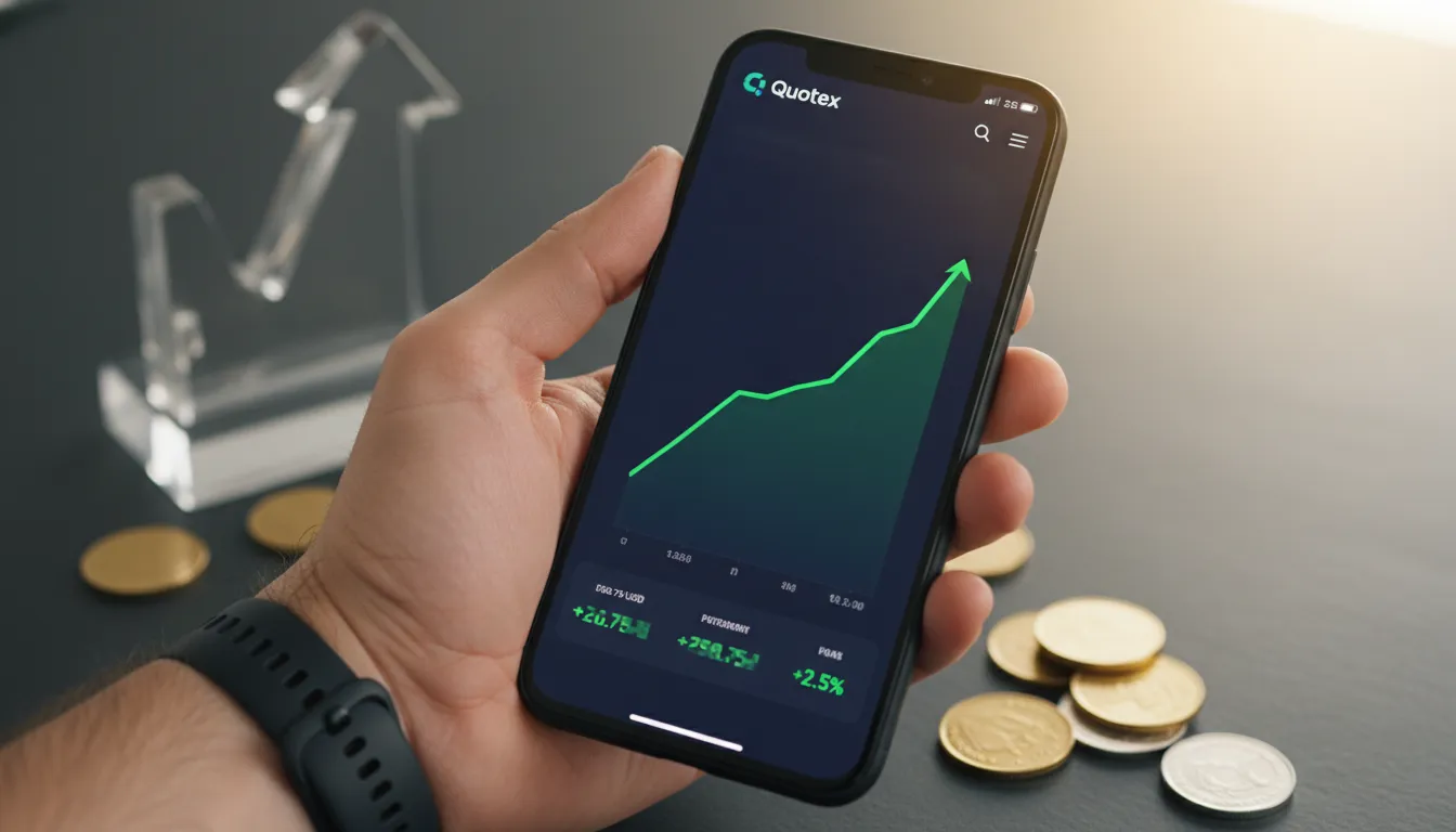 Mão segurando smartphone com gráfico de lucro verde, evidenciando sucesso com estratégias na Quotex.