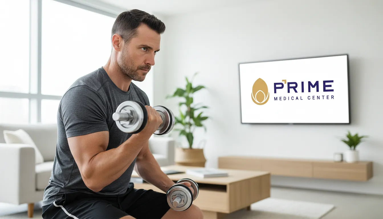 Homem se exercitando em casa, mostrando que a disfunção erétil tem cura através de hábitos saudáveis e exercícios.