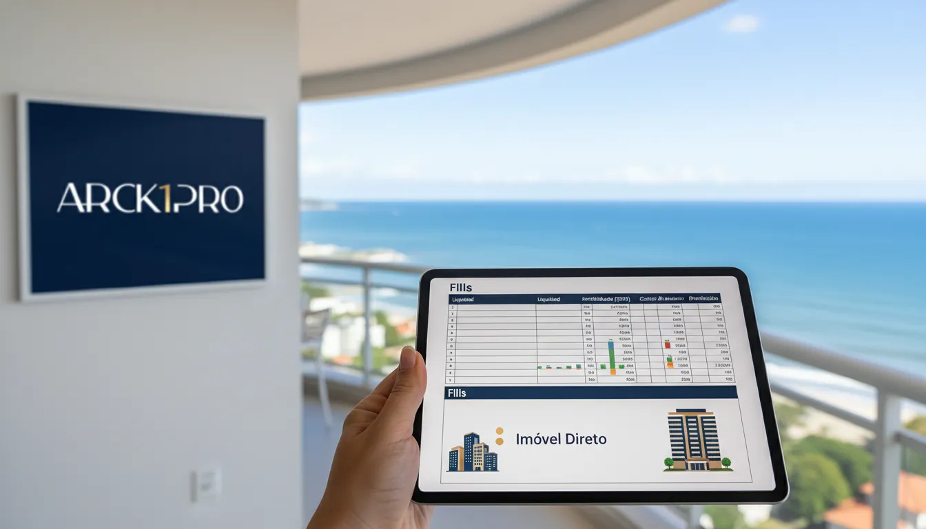 Comparativo financeiro detalhado: fundos imobiliários vs investimento direto em imóveis, com vista litoral.