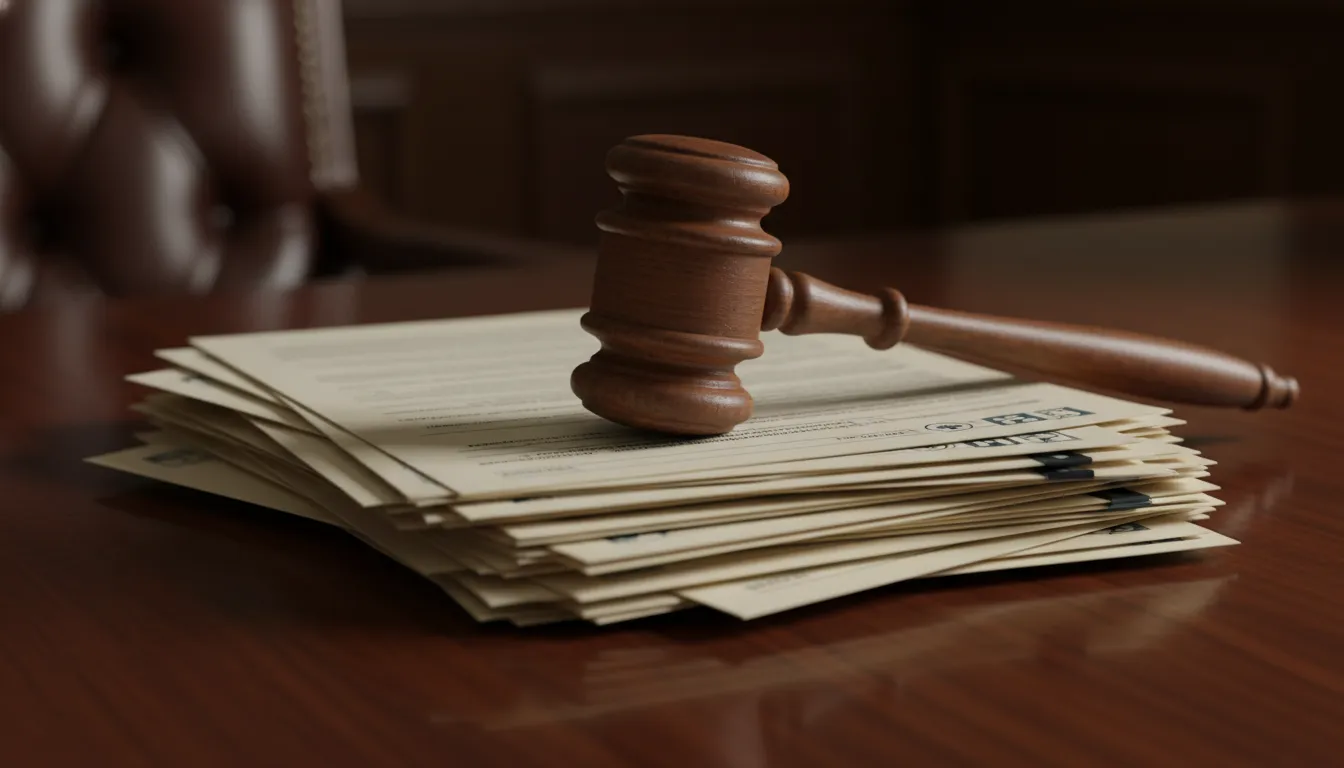 Gavel sobre documentos jurídicos, simbolizando a ação de um advogado em Araranguá contra um plano de saúde.