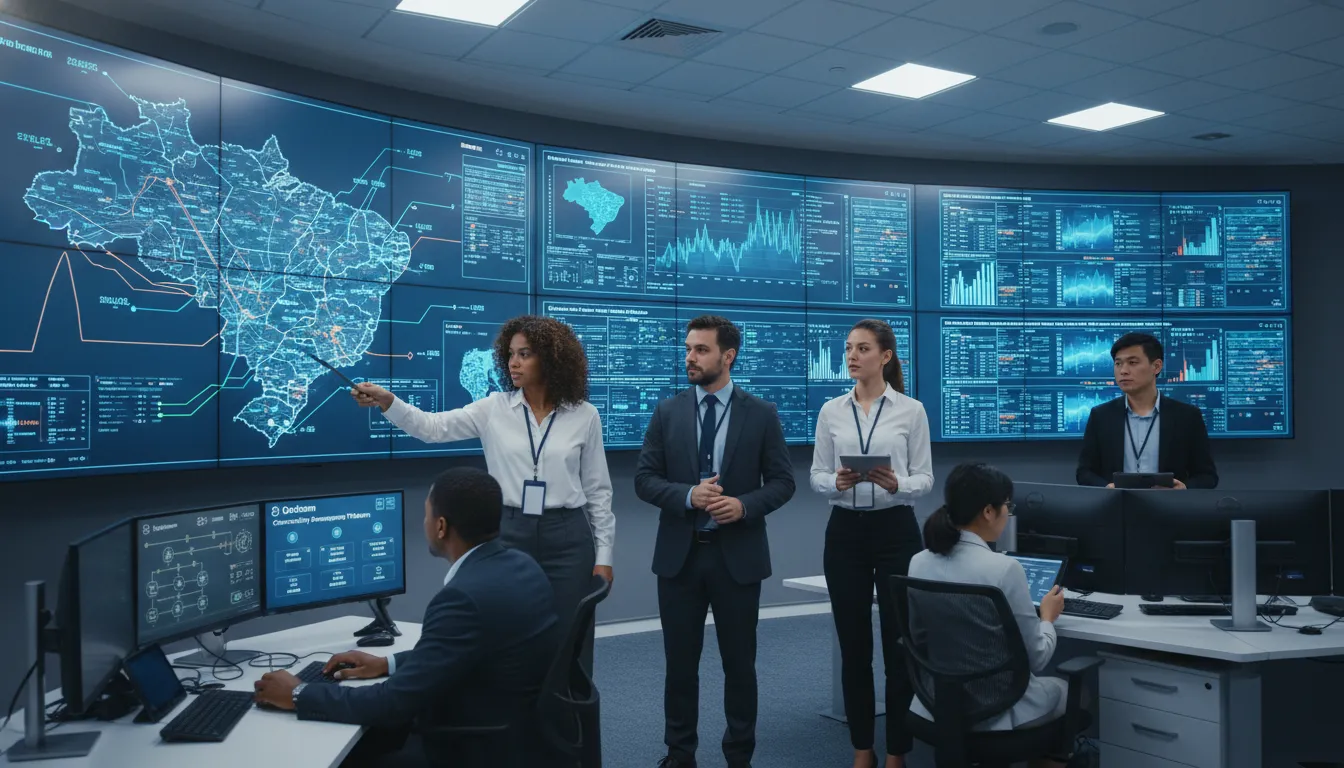 Engenheiros brasileiros em centro controle smart grid, utilizando plataforma Datatem para gestão de energia M2M.