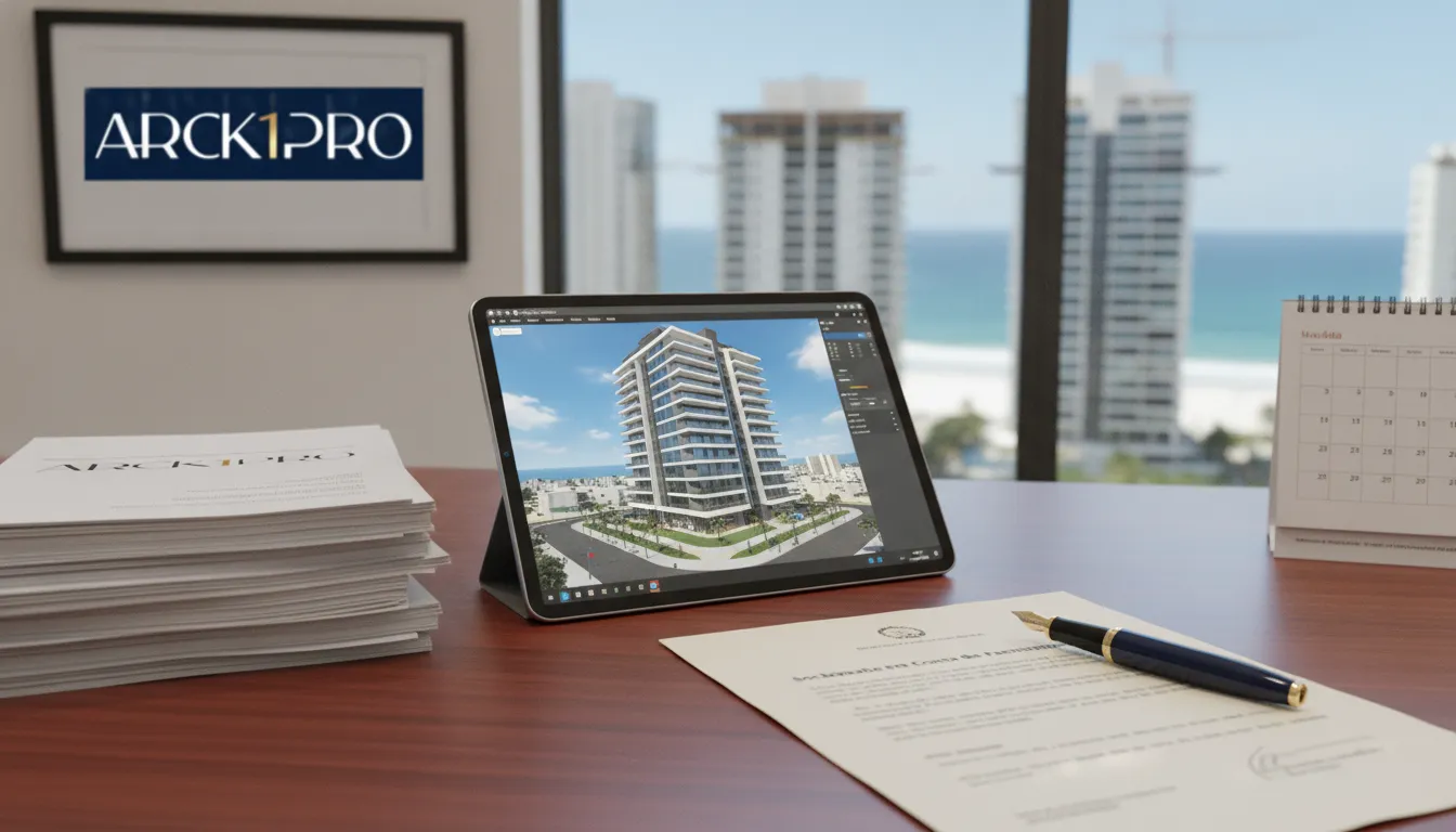 Documentos de SCP incorporação imobiliária, relatórios financeiros e renderização BIM de empreendimento de luxo.