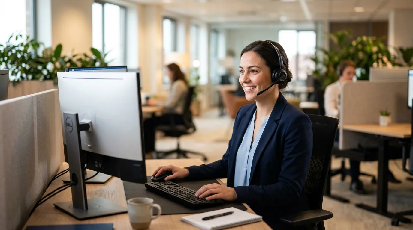 Atendente sorridente foca no bom relacionamento para nao perder clientes.