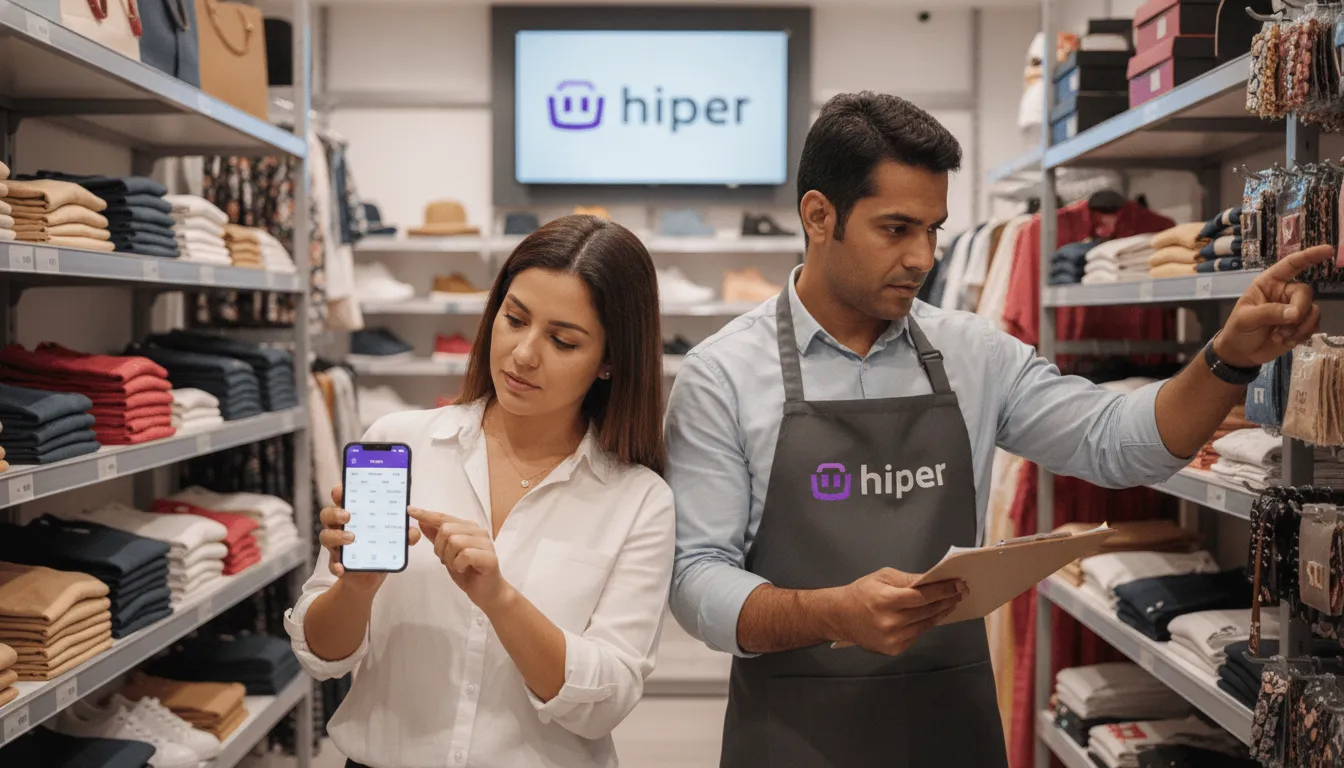 Equipe colabora em inventário de estoque, usando checklist e app Hiper para contagem precisa de produtos.