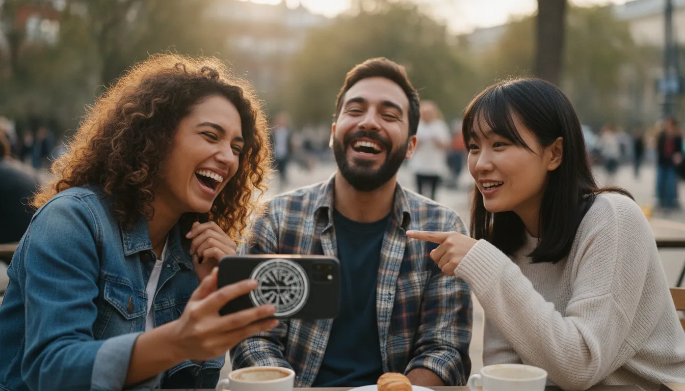 Grupo de amigos rindo, discutindo como data de nascimento influencia a personalidade e numerologia.