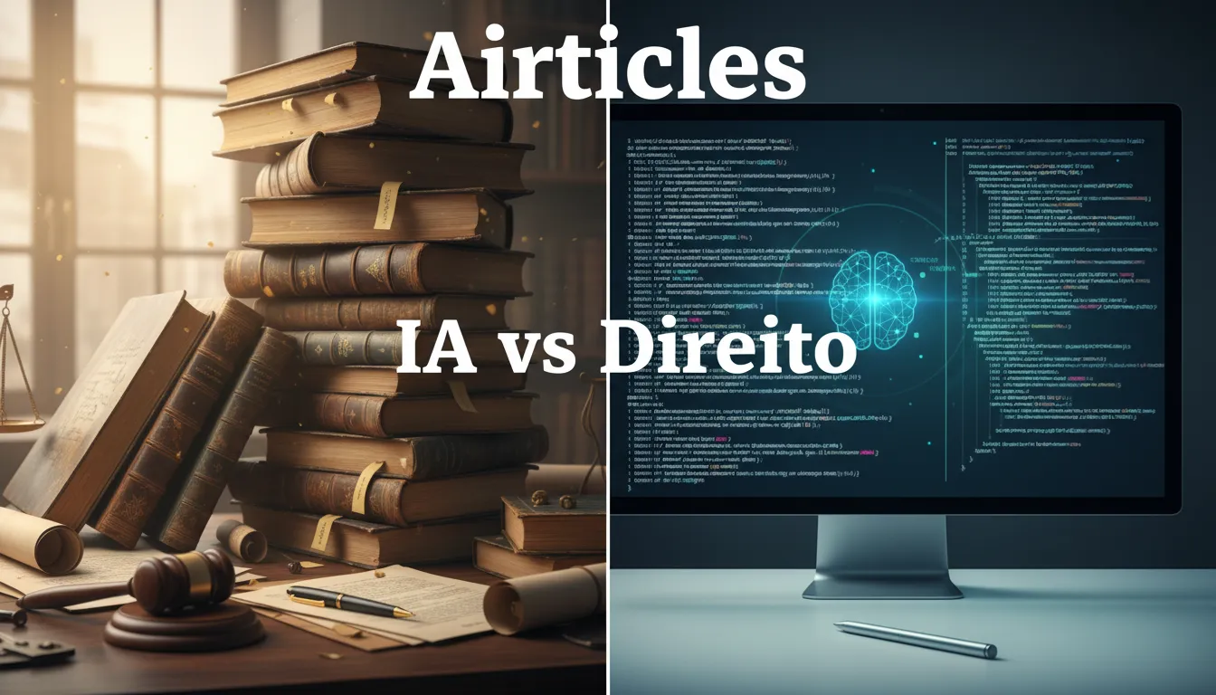 Livros de direito versus código de computador, simbolizando o debate Jurídico AI vs. métodos tradicionais, com a marca Airticles visível.