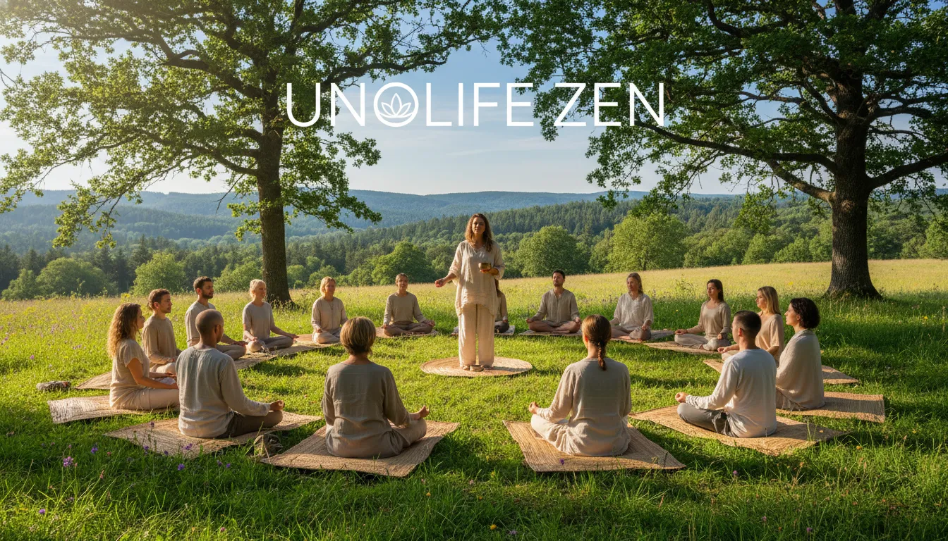 Grupo diversificado participando de uma sessão de meditação guiada ao ar livre. Unolife promove terapia e meditação como ferramentas para o bem-estar e gerenciamento do estresse.