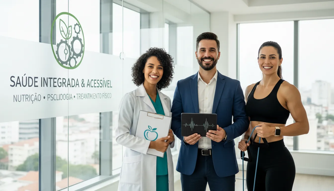 Equipe de saúde multidisciplinar atende em ambiente moderno, simbolizando integração no cuidado ao paciente.