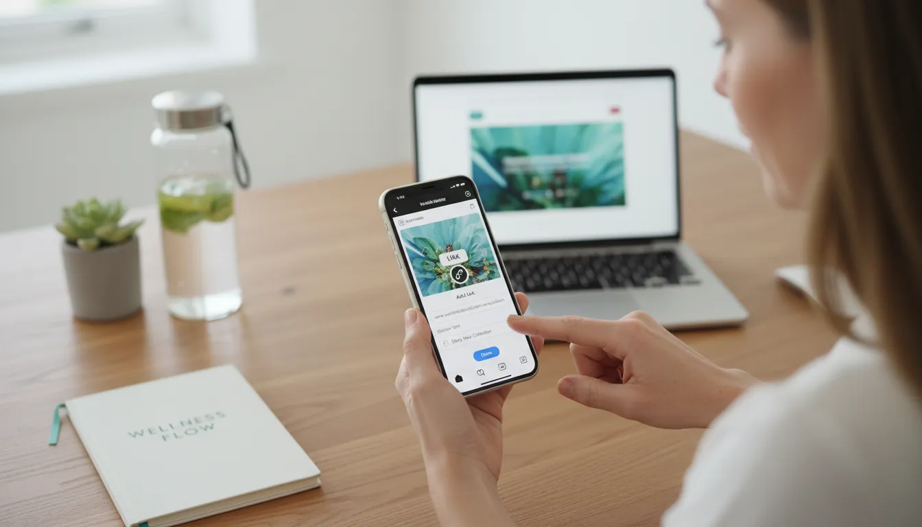 Profissional mostrando no celular como inserir um link personalizado no story do Instagram, com workspace moderno ao fundo.