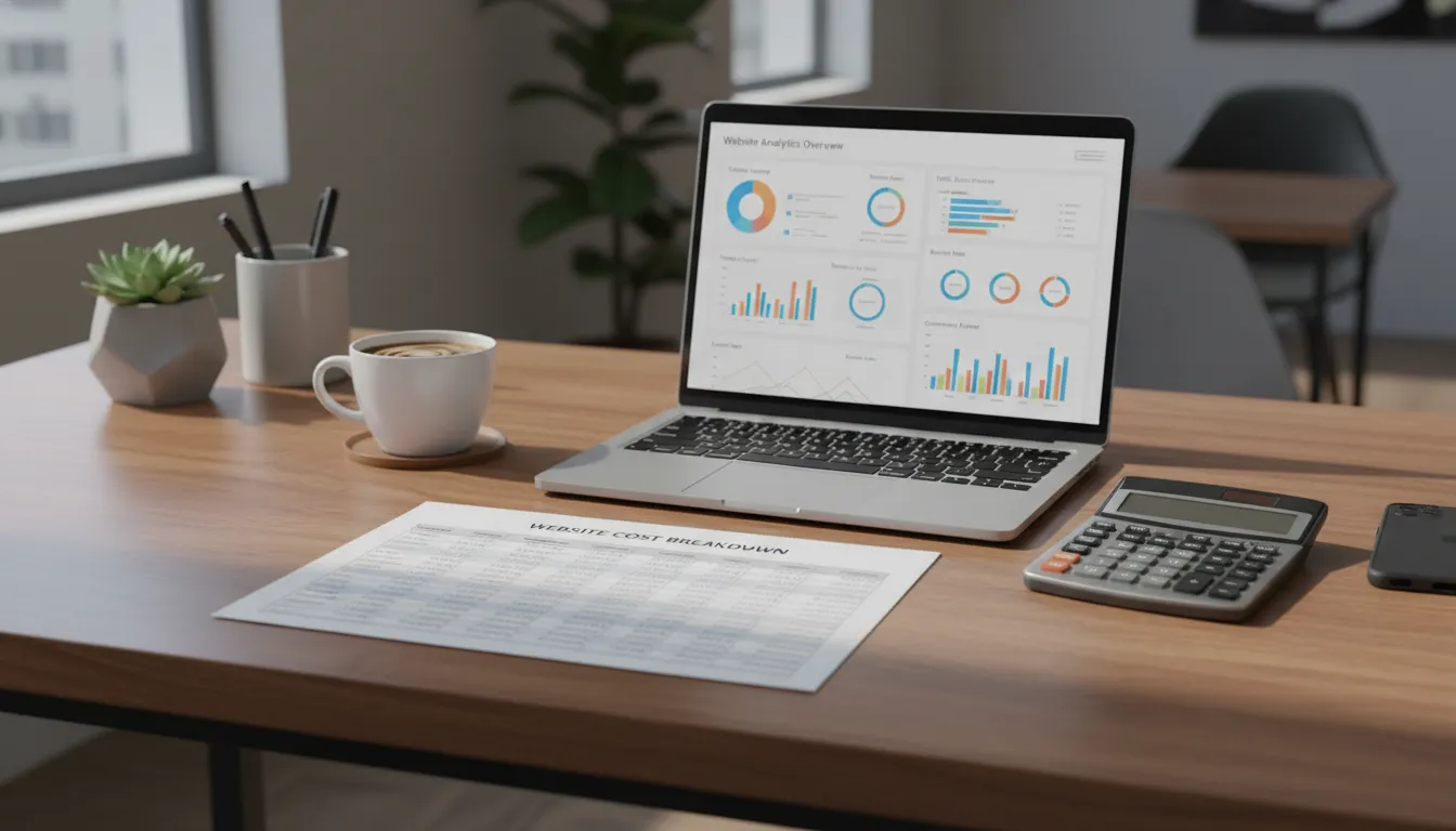 Site em 2026: Investir ou Não? Análise de ROI 1 Mesa com planilha de custos de site, calculadora e dashboard de analytics em notebook