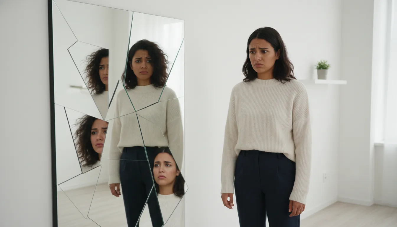 Mulher olha espelho com reflexo distorcido, lutando contra a baixa autoestima feminina. A terapia online oferece suporte.