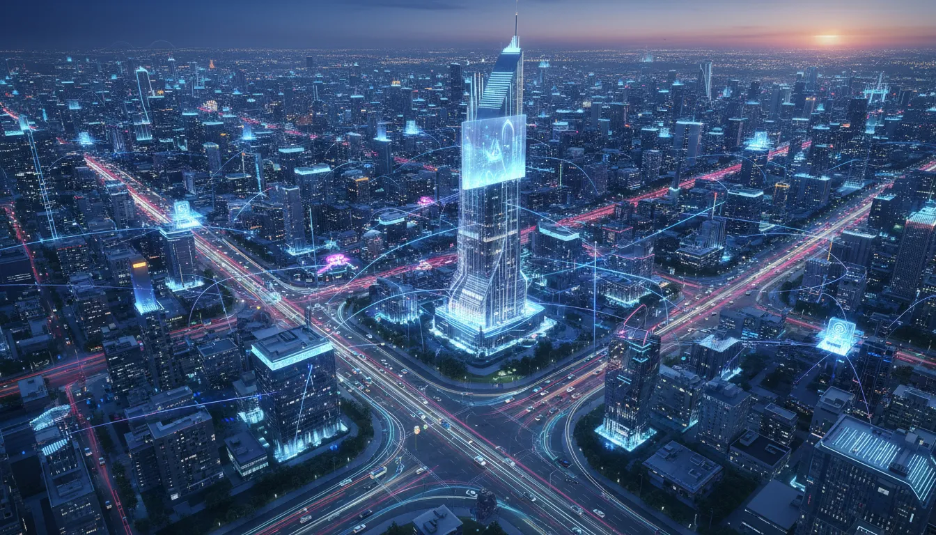 Visão aérea de cidade inteligente com veículos autônomos e dados fluindo, impulsionada por inteligência artificial.