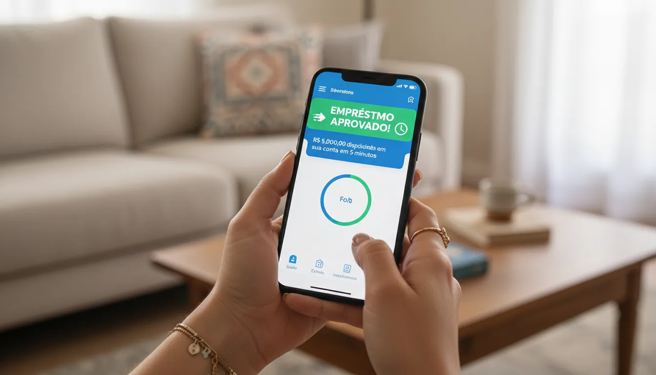 Pessoa usando aplicativo de celular para simular e aprovar empréstimo de forma rápida.