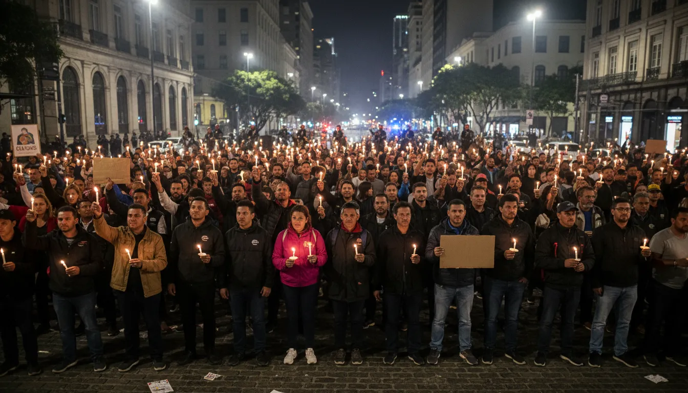Ride-share and delivery drivers hold vigil for dead ride-share driver after robbery, protesting violence in São Paulo.