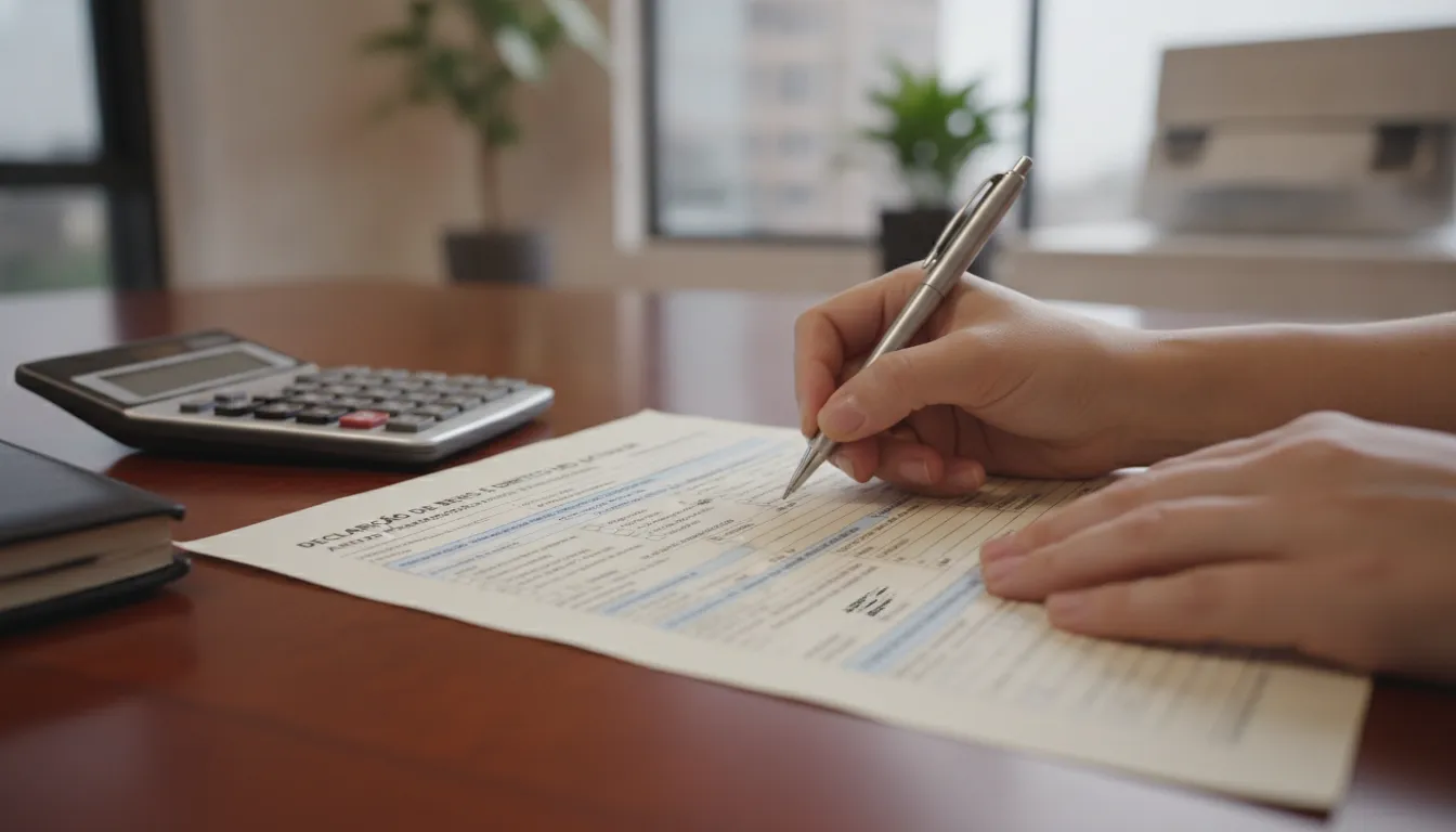 Mãos preenchendo declaração para offshore declarar receita federal Brasil, com formulário detalhado. Prezzo Consulting.