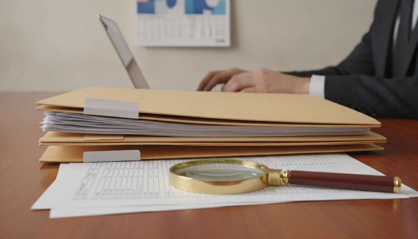 Documentos fiscais detalhados sob lupa, simbolizando a rigorosa fiscalização reforma tributária 2026. Preparação minuciosa.