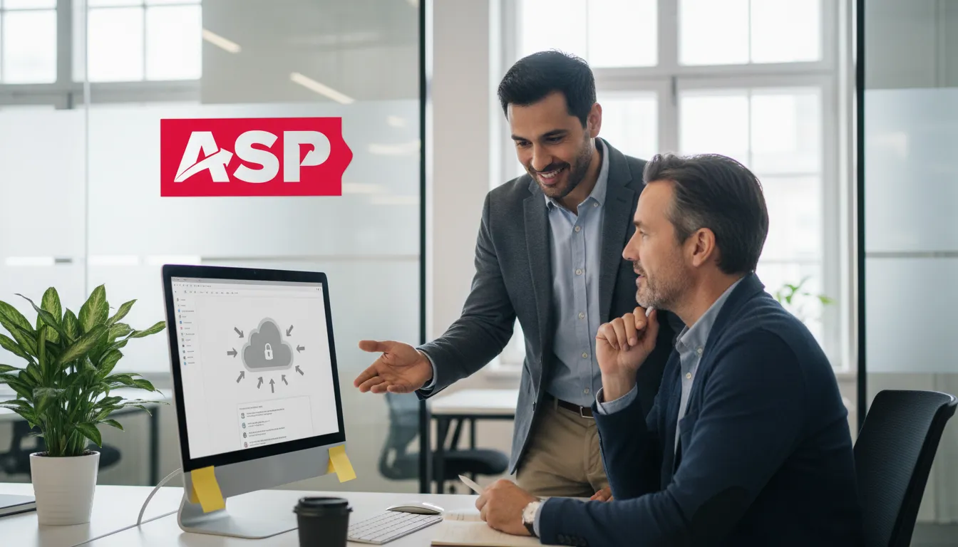 Um técnico de suporte da ASP Softwares auxiliando um empresário, destacando a segurança e o suporte humano para o nfce cancelamento prazo.