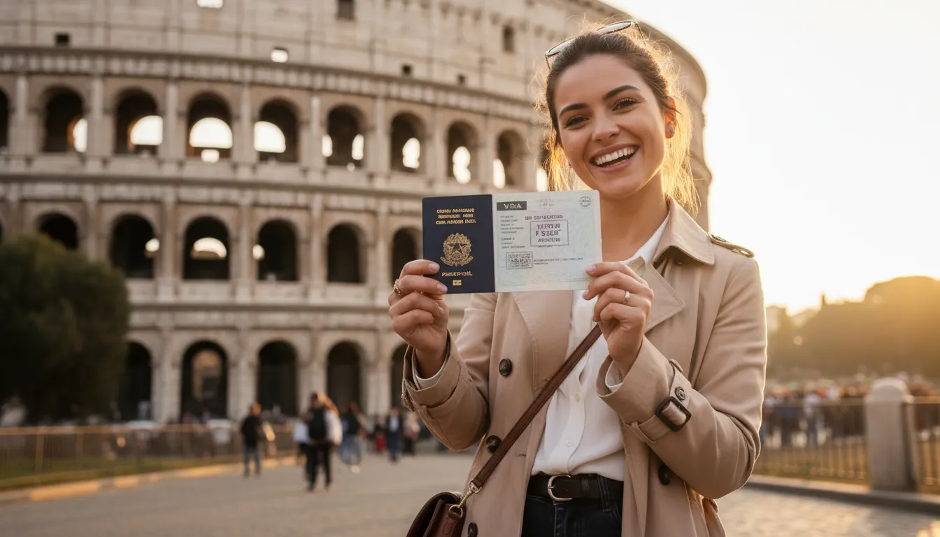 Viajante feliz mostrando o passaporte com o visto europeu aprovado, pronta para explorar a Europa. Viagem dos sonhos.
