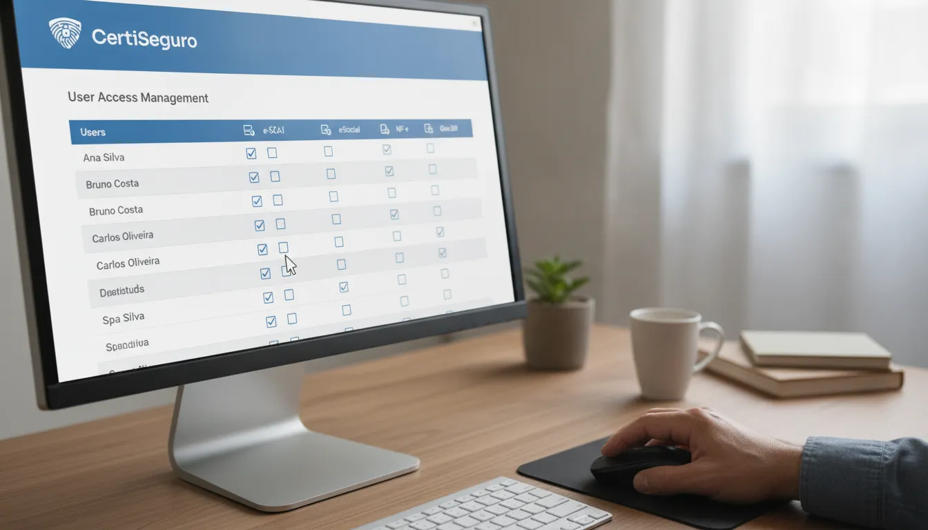 Monitor exibe painel CertiSeguro, gerenciando permissões de acesso a certificados A1 com segurança granular.