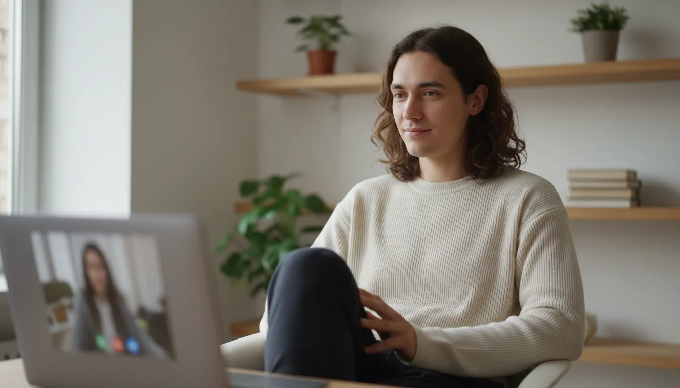 Pessoa em sessão de psicólogo online, encontrando paz e respostas sobre casamento e decisões de vida.