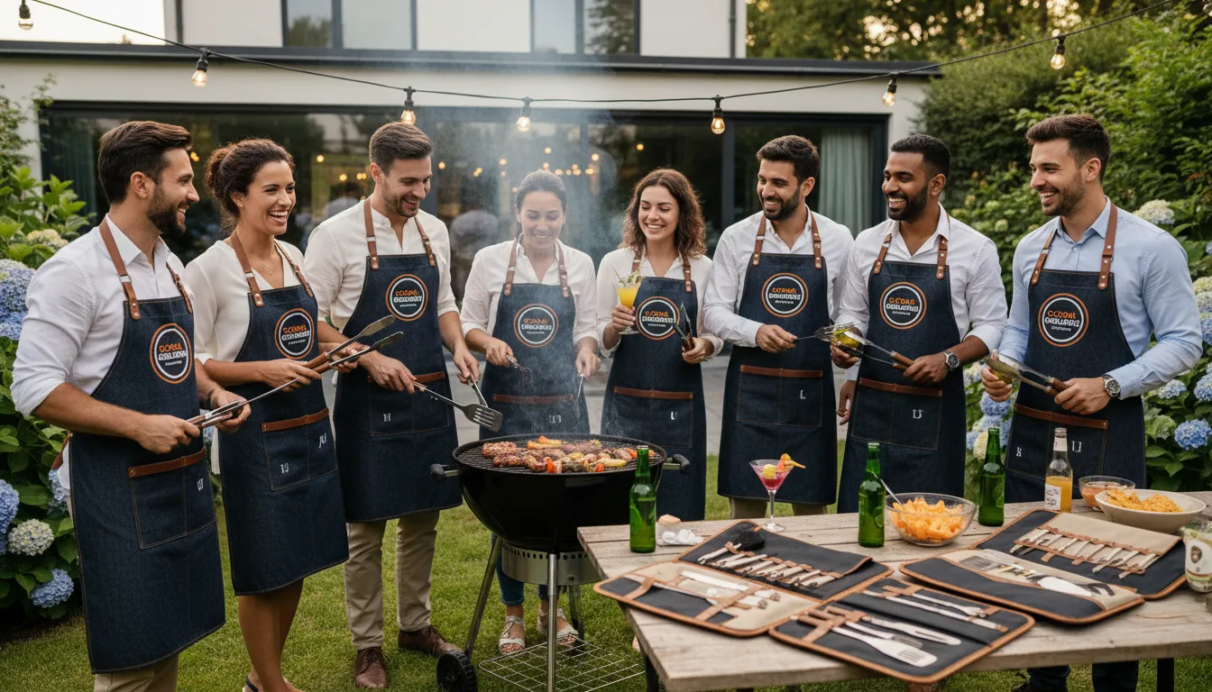 Equipes corporativas confraternizando em torno de churrasco, usando kits personalizados com logotipo nos aventais.