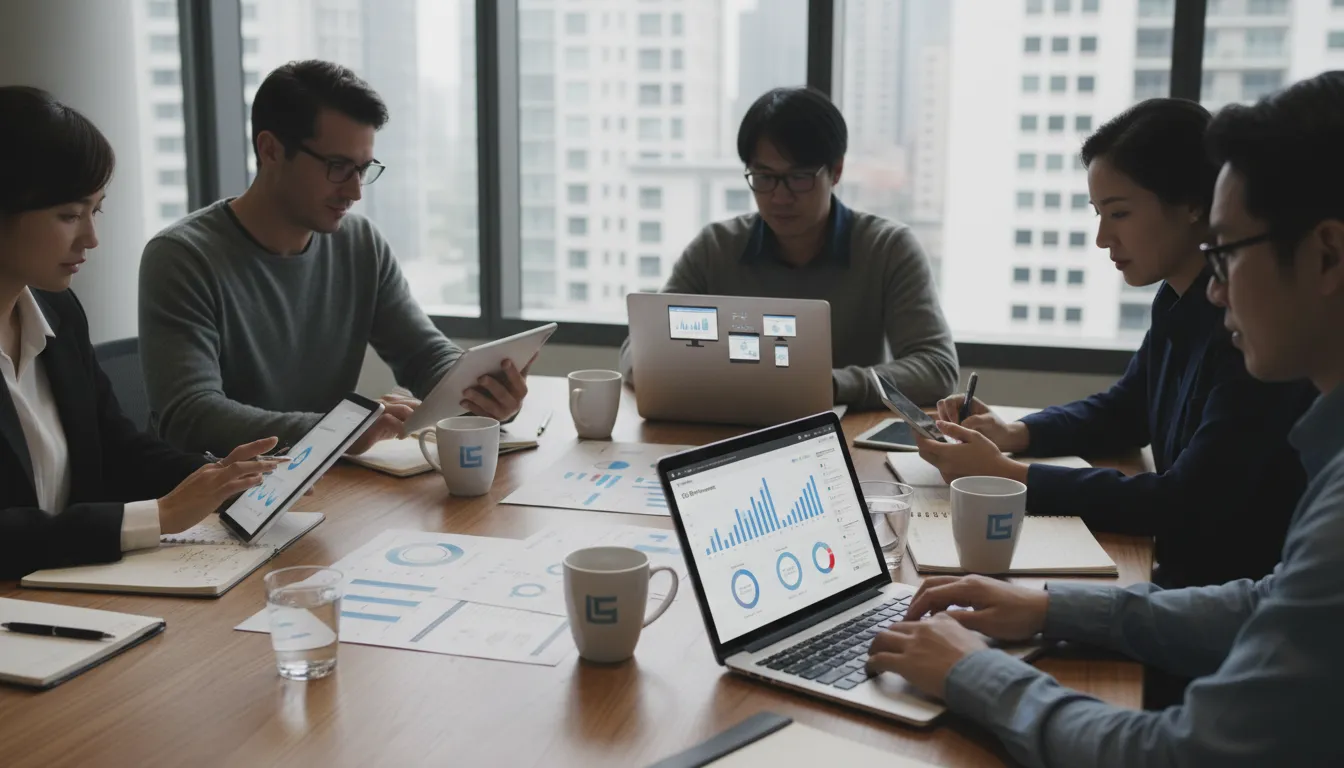 Elementor vs Gutenberg em 2026: Qual Escolher? 2 Equipe digital reunida analisando performance de sites com gráficos e notebooks em cenário de colaboração fotorrealista.