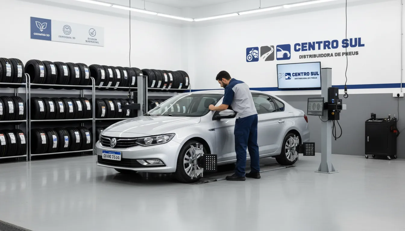 Pneus para Uber e aplicativo recebendo serviços de geometria 3D e balanceamento. Qualidade Centro Sul.