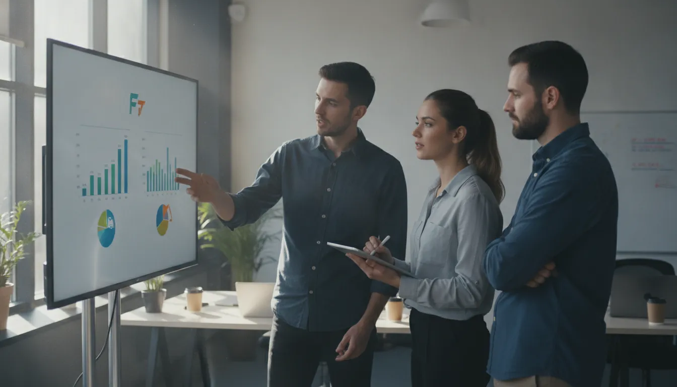 Grupo de engenheiros discutindo opções de crédito para engenheiros na plataforma Financia Tudo em escritório.